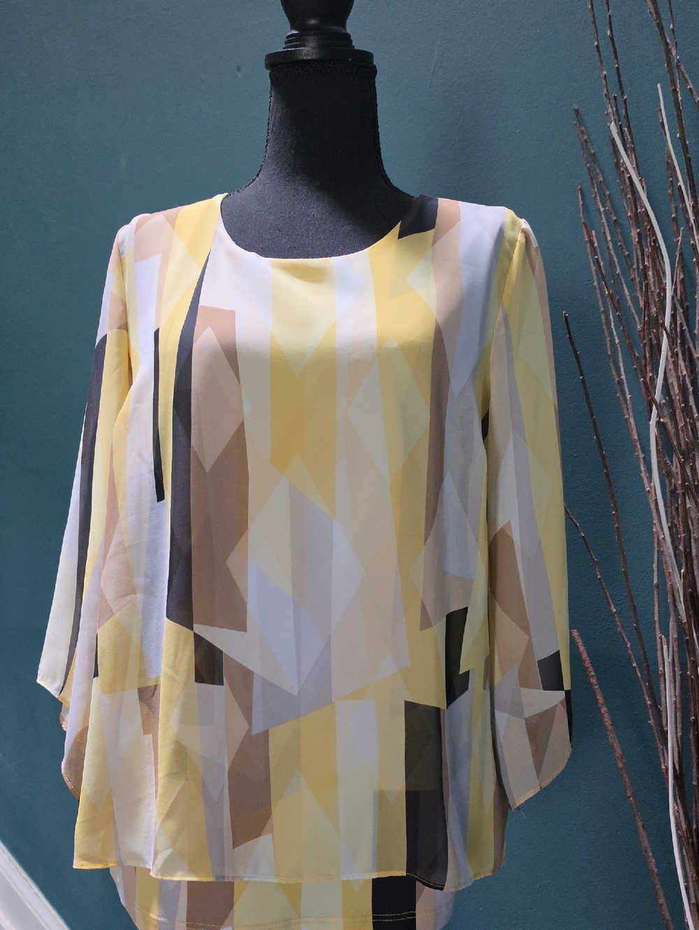 JM Collection Yellow Geometric Chiffon Blouse